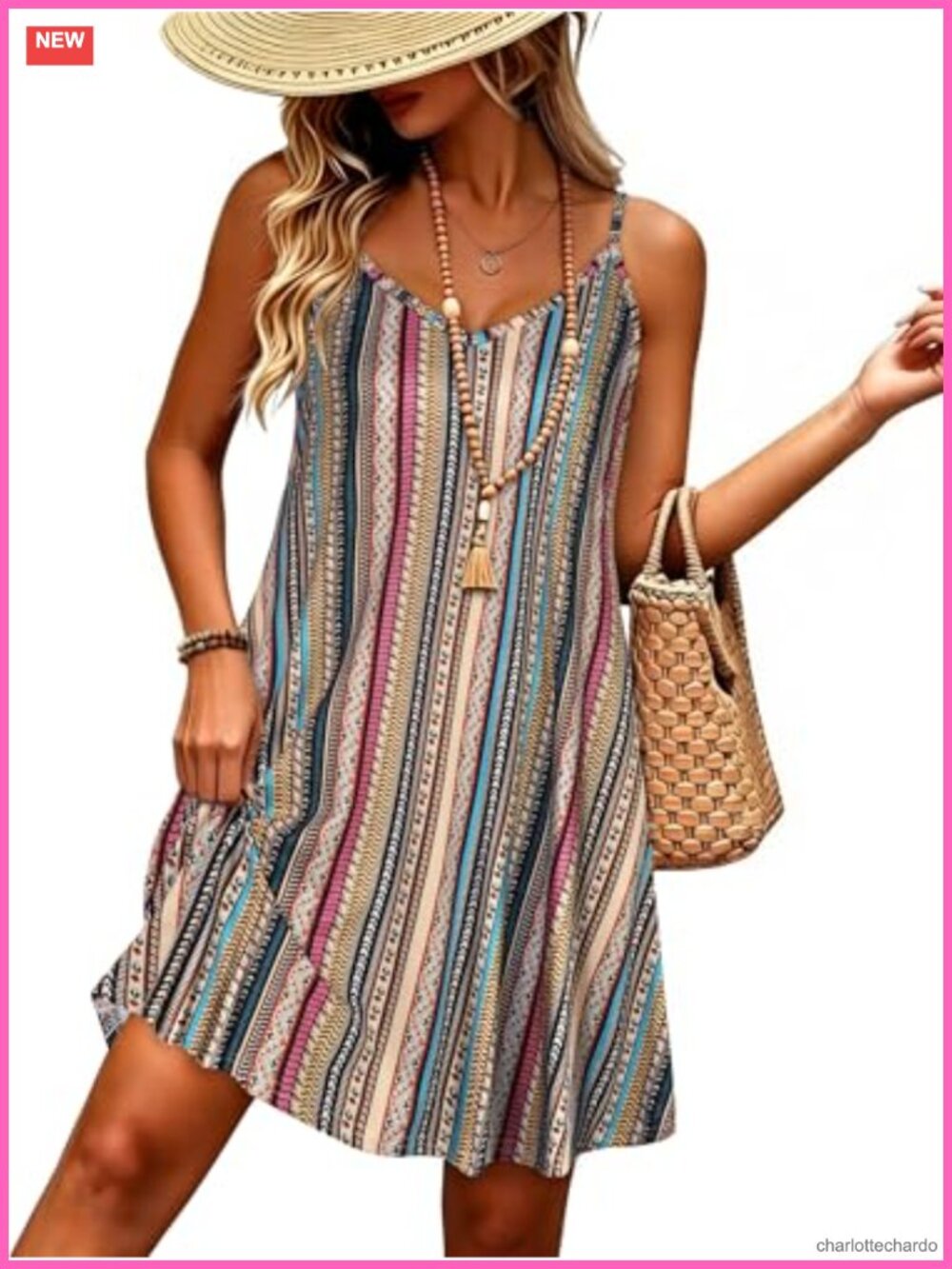 Spaghetti Strap Sundress Cotton Blend Beach Casual Dress with Pockets